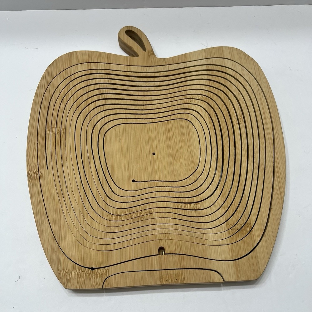 Vintage Spiral Cut Collapsible Wooden Basket On Tray Apple Shape Handle Stem - Picture 4 of 7